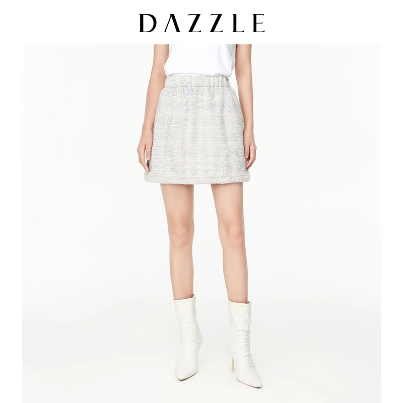 DAZZLE地素 时尚复古休闲静谧蓝松紧腰小香风粗花呢半身裙2E1S236
