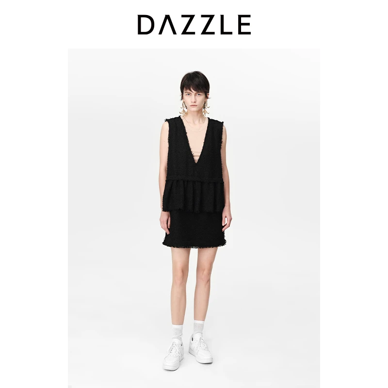 DAZZLE地素黑色气质小香风粗花呢假两件深V无袖连衣短裙女2H2O351