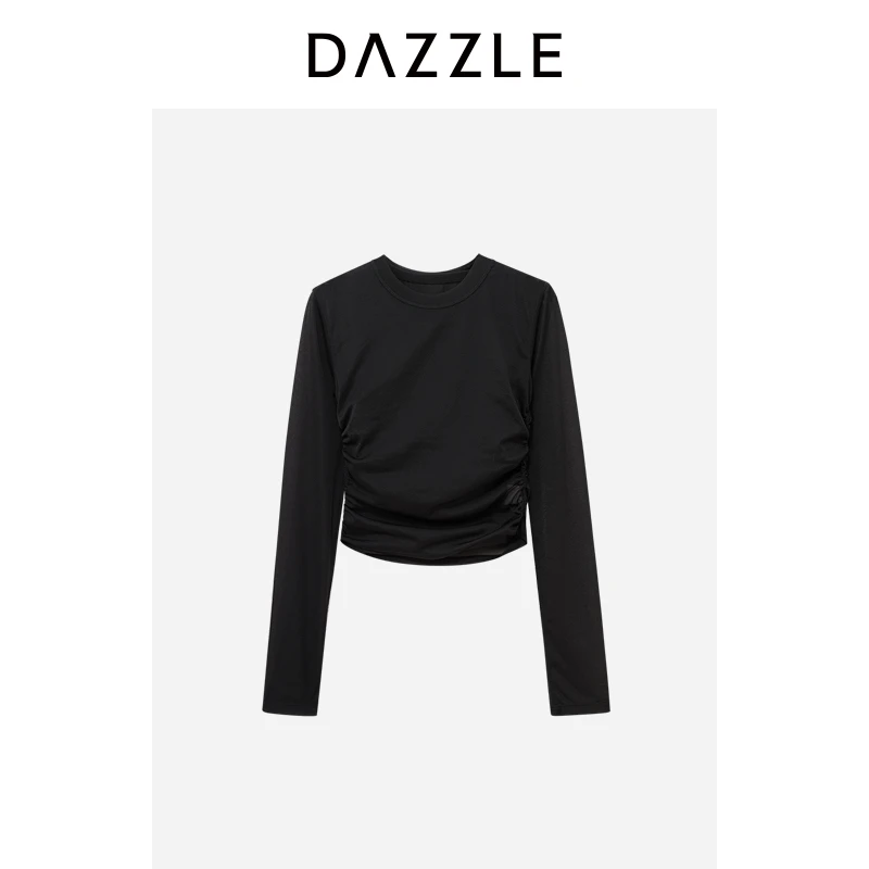 DAZZLE地素网纱T恤春夏黑色短款圆领长袖套装上衣女2H1B513