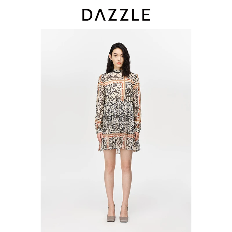 【下架】DAZZLE地素 夏季时尚提花雪纺法式休闲圆领衬衫双层连衣裙2