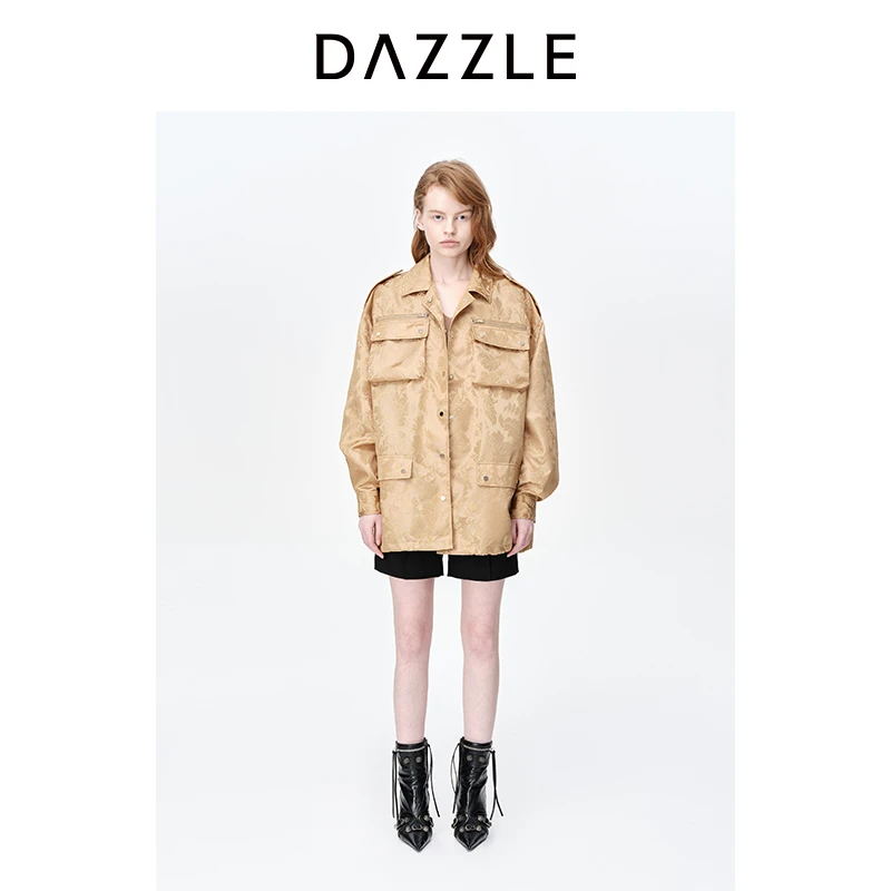 DAZZLE地素 春秋时尚复古提花中长款工装风休闲外套女2H1F436