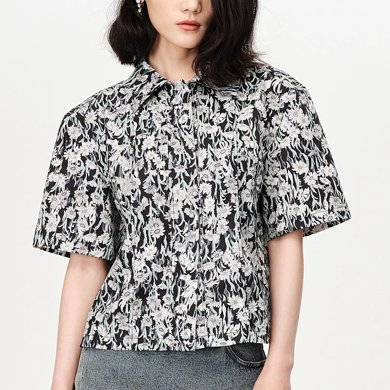【下架】DAZZLE地素法式复古高支棉碎花踏青短袖衬衫衬衣上衣女2H2C