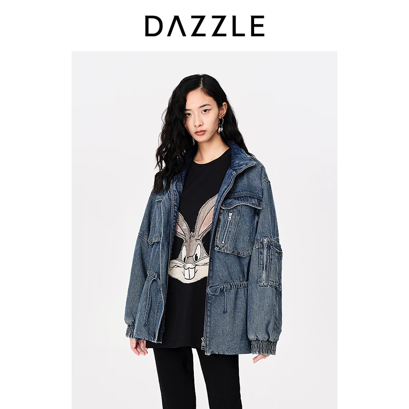 DAZZLE地素复古做旧蓝色工装休闲宽松夹棉牛仔外套棉衣女2H1RB01