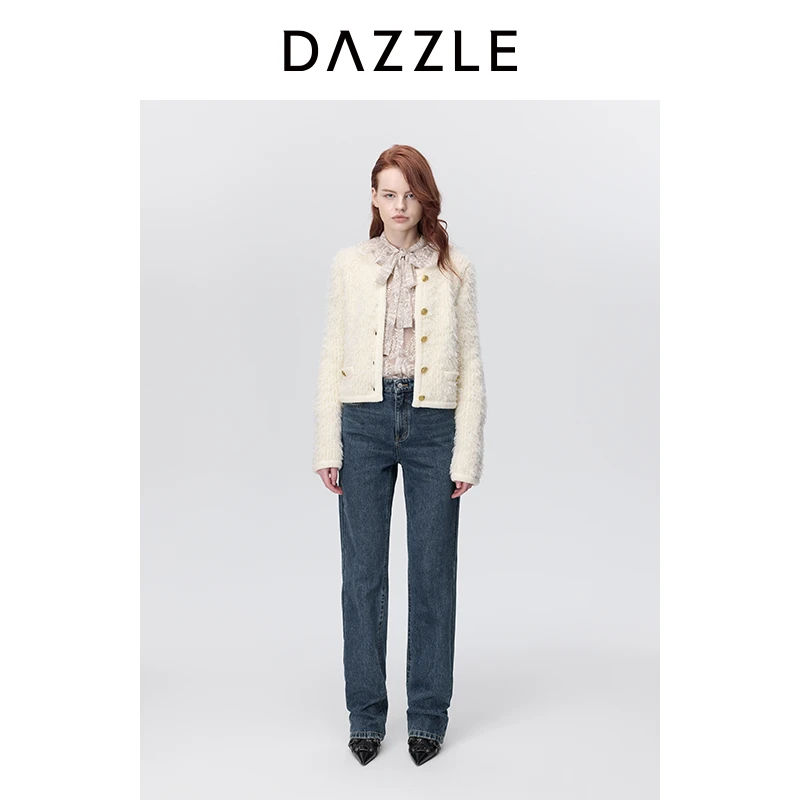 DAZZLE地素长袖针织衫冬小香风软糯白色毛衣开衫外套女2H4E527