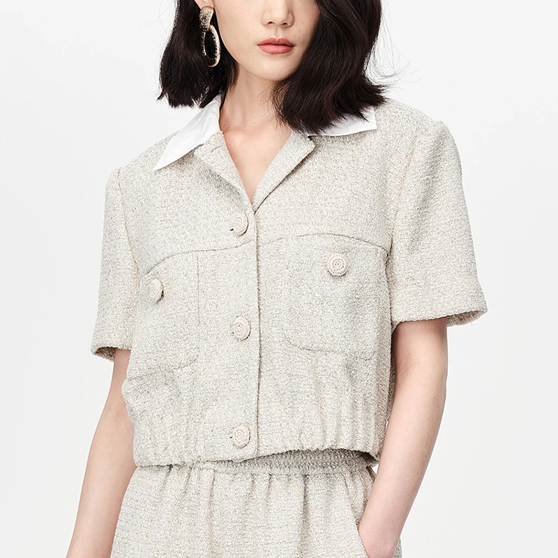 DAZZLE地素 米色翻领短款小香风粗花呢外套女2H2F402