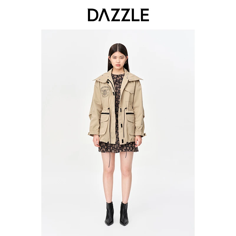 DAZZLE地素时尚卡其色工装风抽绳收腰休闲宽松风衣外套女2E3F604