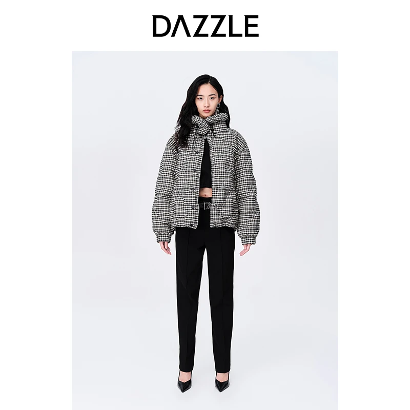 DAZZLE地素 冬季格纹绗缝抽绳设计休闲时尚热力感羽绒服女2E4K231