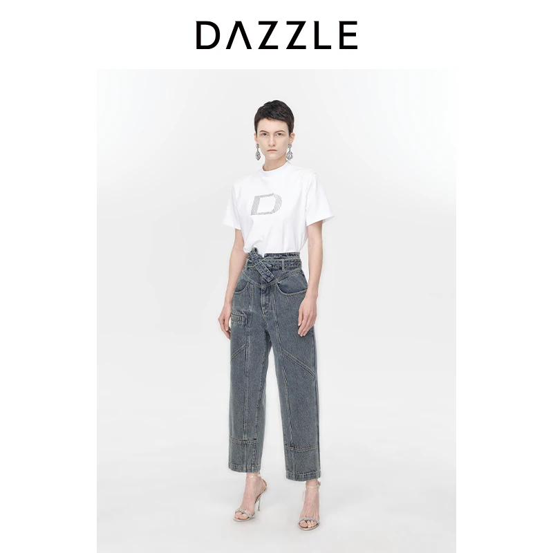 DAZZLE地素牛仔裤高腰【附系带】设计解构时尚拼接直筒长裤2H1R635