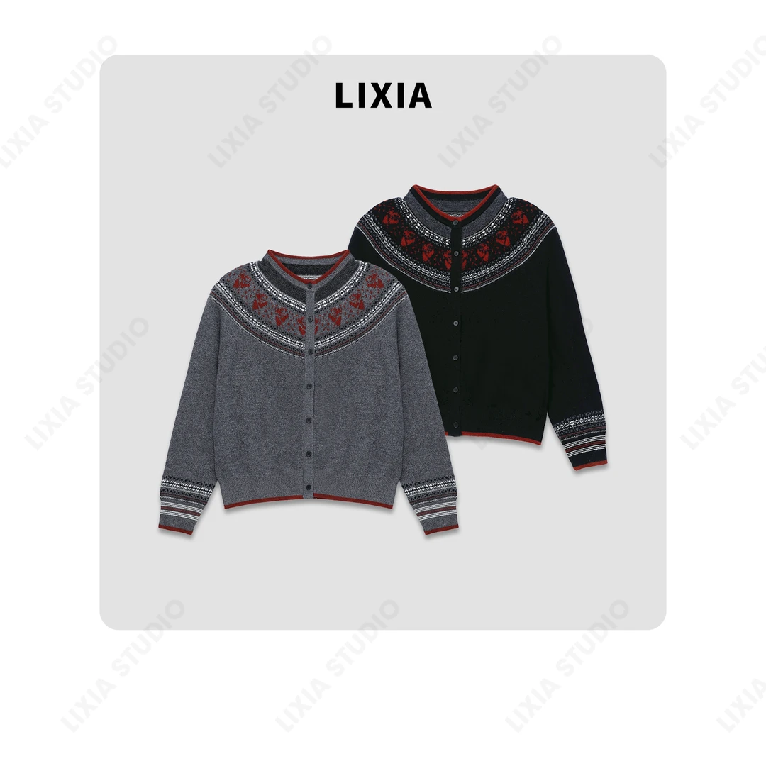 LIXIA【时尚领袖】全羊毛秋冬保暖针织圆领开衫毛衣-A8062