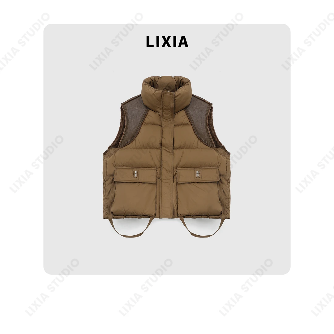 LIXIA【探险者】立领设计感拼皮大口袋马甲-A7567