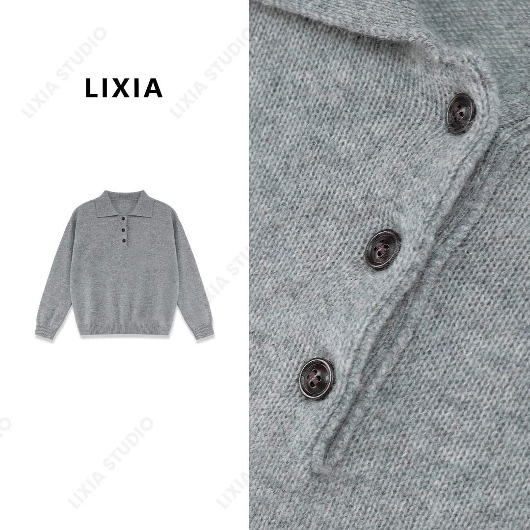 LIXIA【松弛街区】全羊毛设计感POLO衫翻领纽扣长袖毛衣-A7112