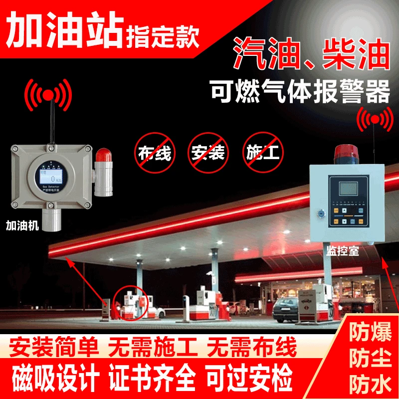 宏安达加油站可燃气体无线磁吸防爆声光报警器汽油柴油燃气检测仪