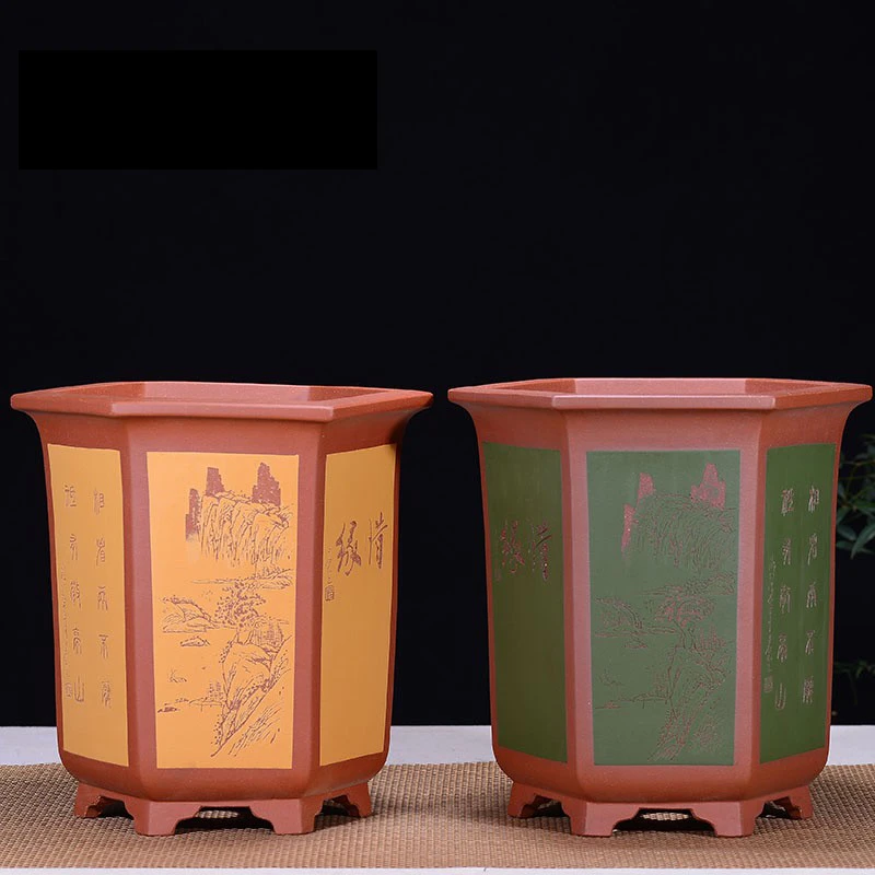 壶盆皆友潘涛宜兴精品手工中大型兰花盆原矿清水泥粉桨六方宫灯