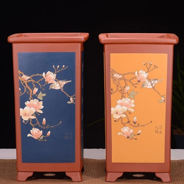 壶盆皆友宜兴潘涛精品中大型高四方签筒清水泥彩绘刻绘山水钟馗