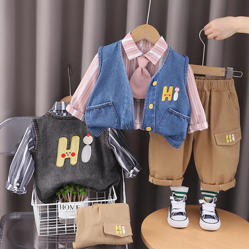 SJBB-字母牛仔马甲三件套2024新款男童春秋绅士洋气男宝宝童套装