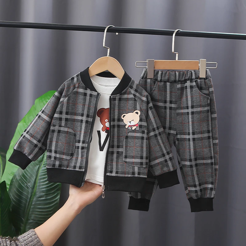 XY-21022圆领长袖格子小熊两件套2024新款男童秋装宝宝休闲套装