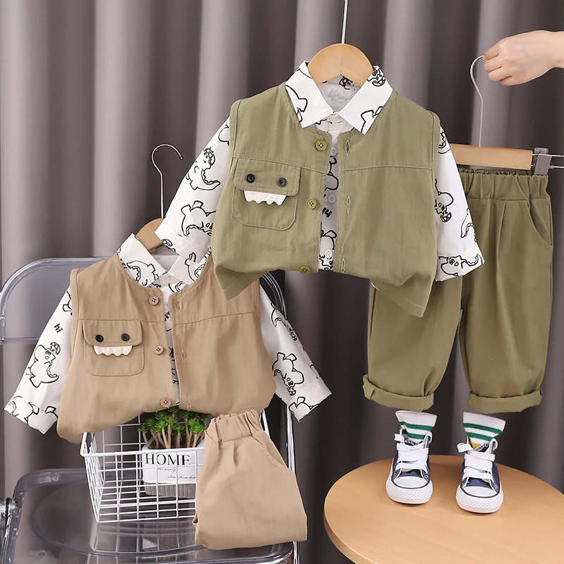 SJBB-恐龙工装马甲三件套2024新款男童春秋翻领休闲洋气宝宝装