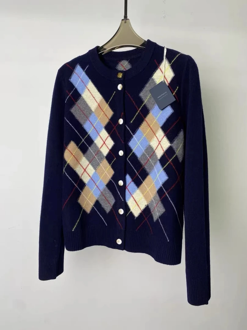 [100%羊毛】2025春款学院风圆领菱形格百搭休闲保暖针织开衫女