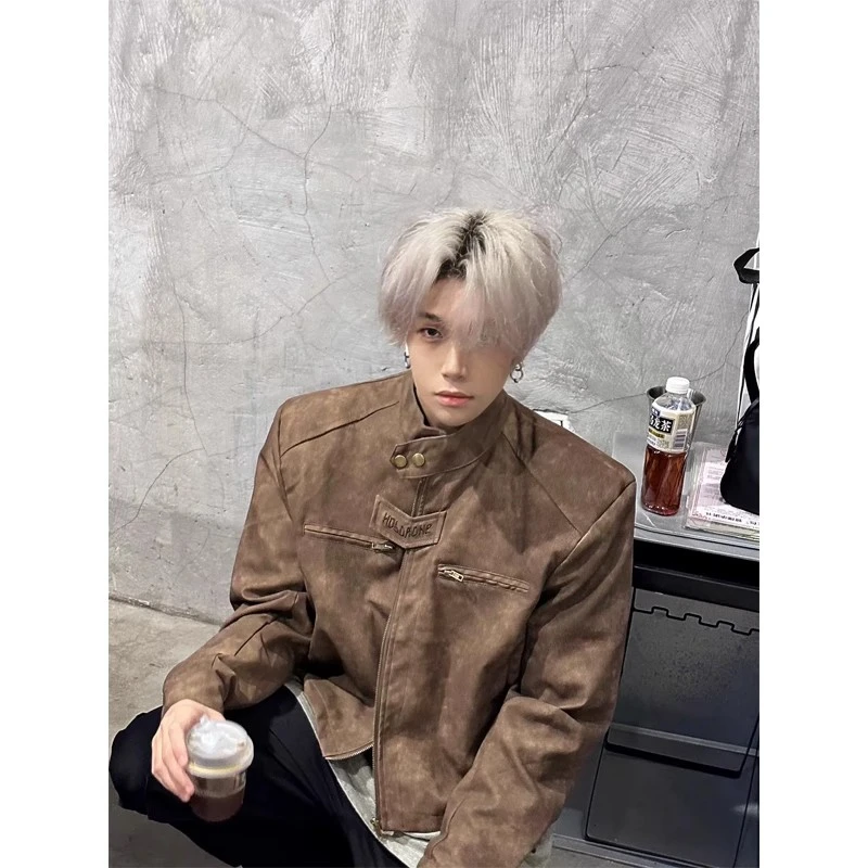 高级感短款垫肩立领pu皮衣外套男美式复古潮牌vintage机车服夹克
