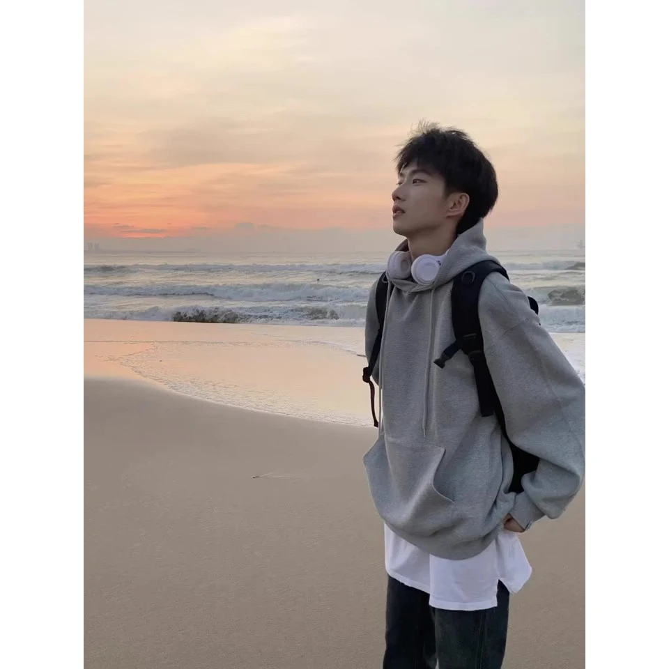 美式复古灰色慵懒风卫衣男秋冬款重磅硬挺oversize外套连帽衫