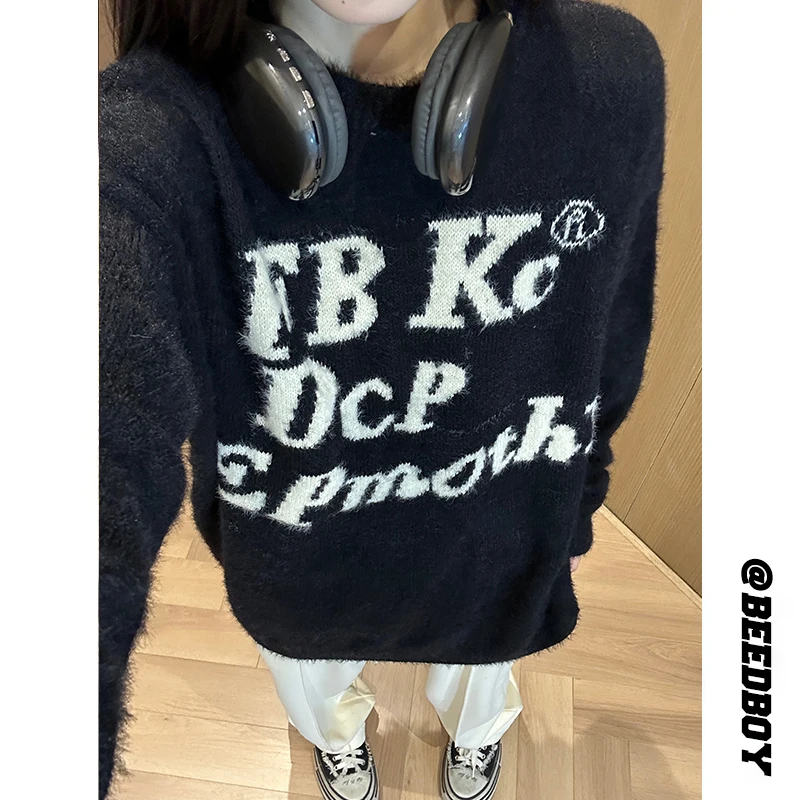 美式街头情侣提花毛衣针织衫男秋冬hiphop潮牌慵懒松弛感线衣外套