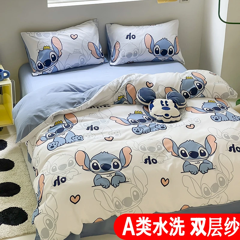 迪士尼史迪仔A类水洗棉双麻层纱四件套卡通宿舍床笠单被套三件套
