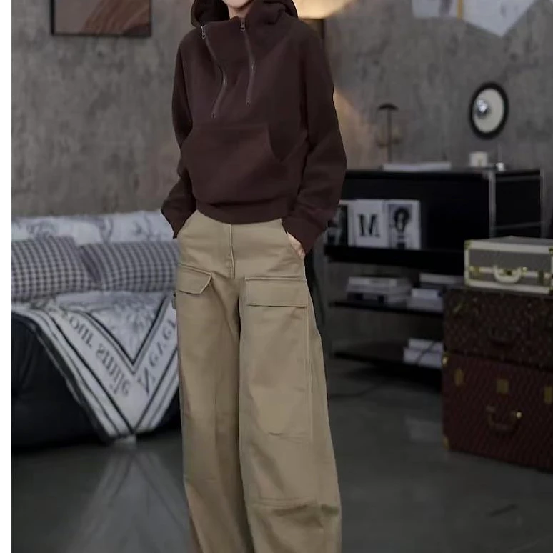 8911婕妤秀休闲女秋冬新款2024宽松长袖连帽卫衣女工装裤纯色