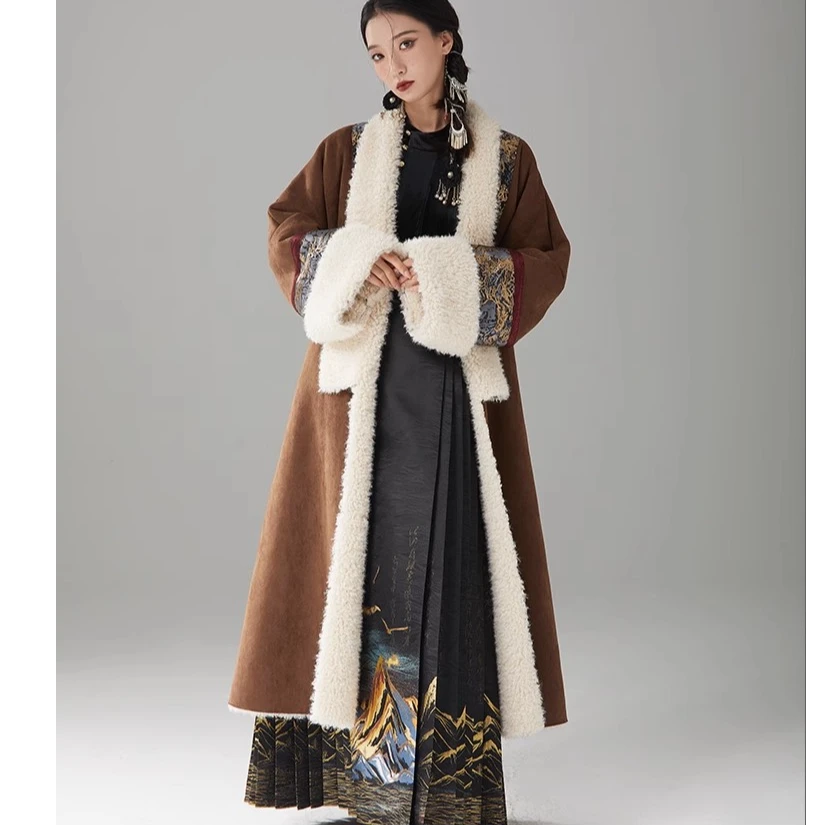 随时anytime 山止新中式2024年冬季皮毛一体气质大衣国风女式外套