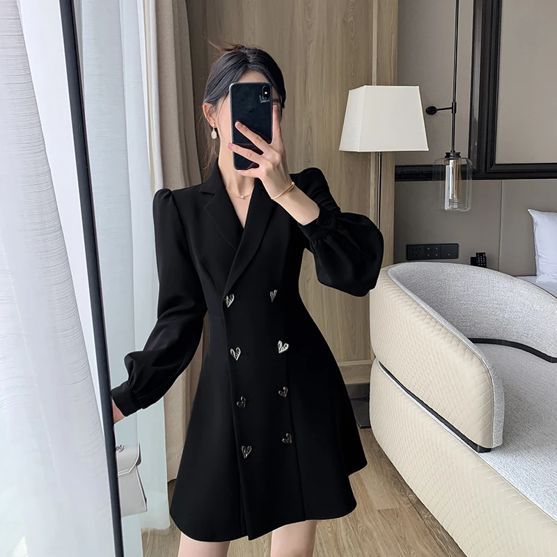 果哥家黑色西装连衣裙2024初春新款收腰显瘦干练气质女神范小黑裙