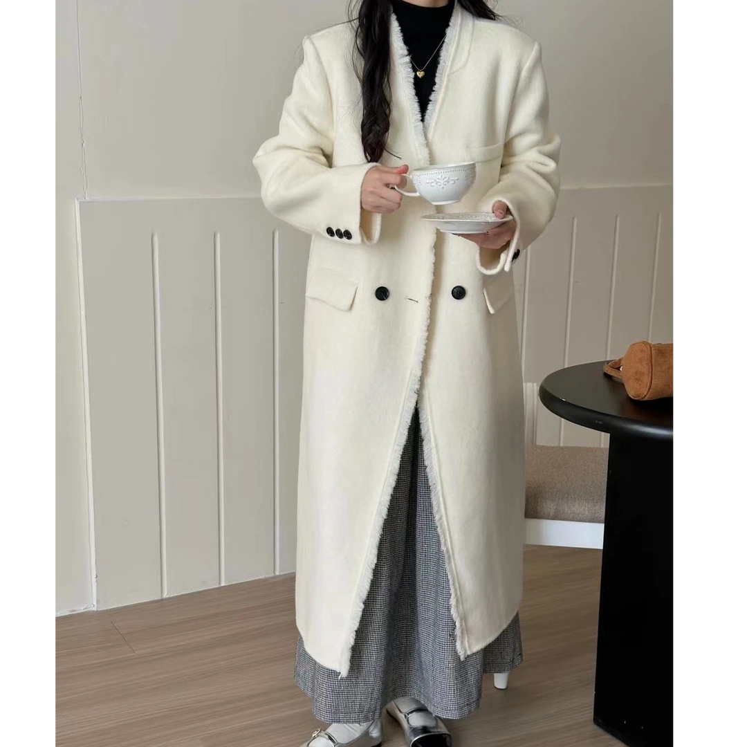 【第五大道】2024秋冬新款毛边V领双面呢长款宽松长款休闲大衣 XQ