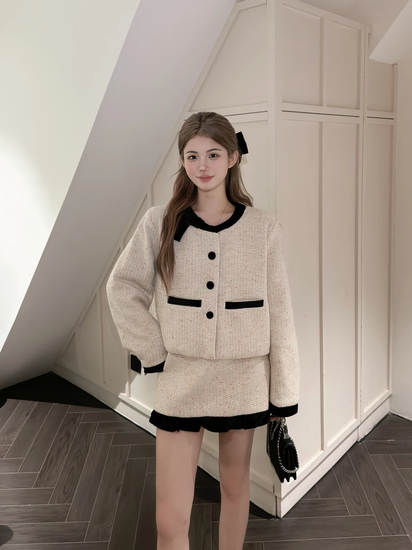 小香风2024套装秋冬新款高级名媛气质夹棉外套半身裙两件套-7003