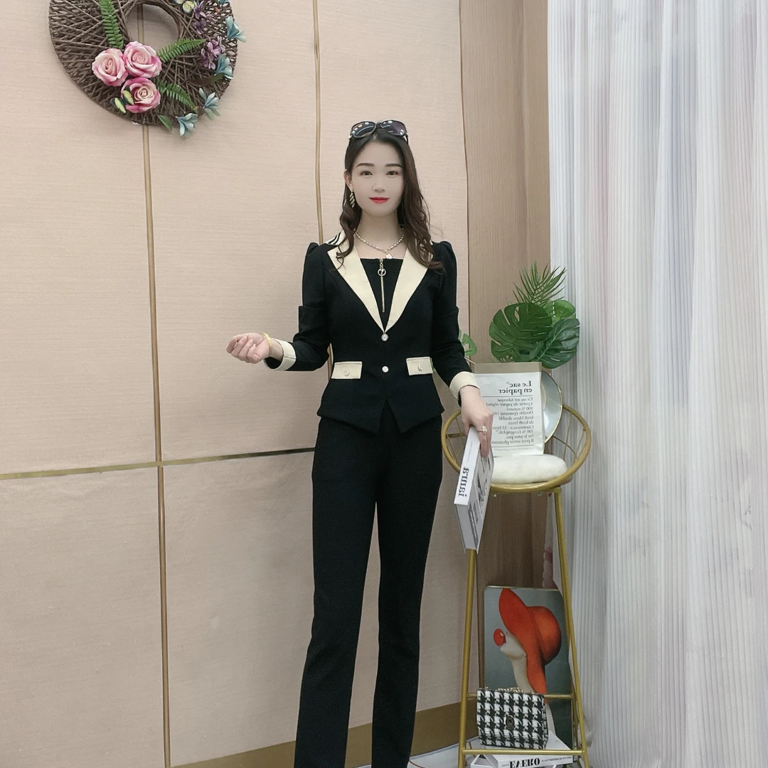 秋冬高端时尚气质洋气减龄修身显瘦西装领微喇叭长裤中厚套装3328