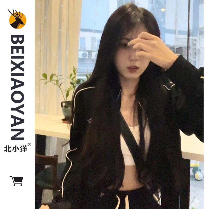 美式复古vintage正肩短款卫衣外套女ins潮春秋薄款开衫拉链外套