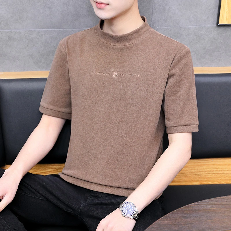 春秋冬男士双面绒中领保暖打底衫短袖半高领德绒t恤上衣潮流百搭