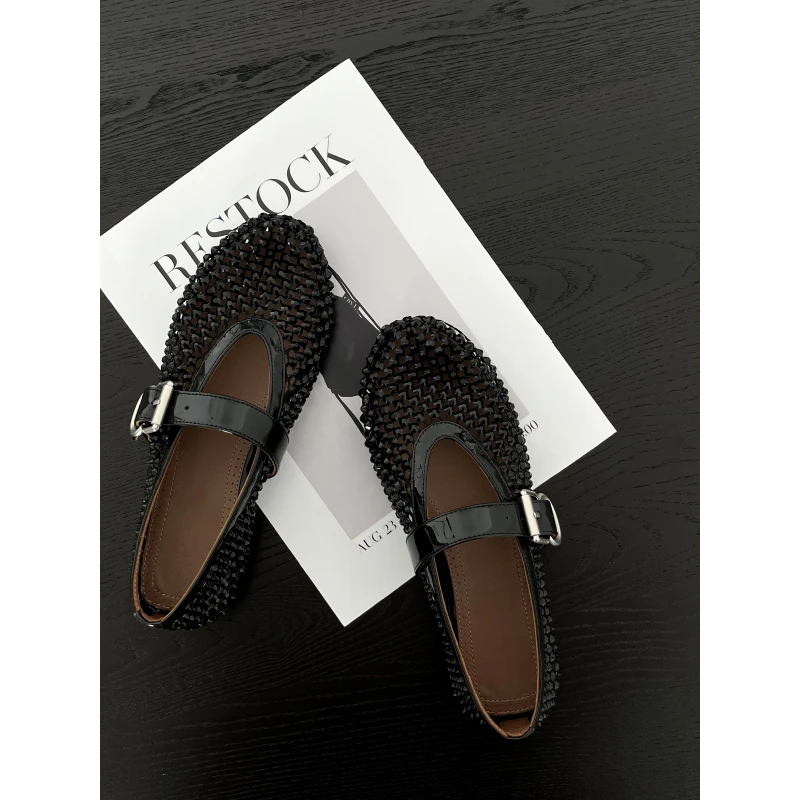 Z6-老贝黑色满钻网状镂空扣带时尚百搭夏单鞋DD4G1122