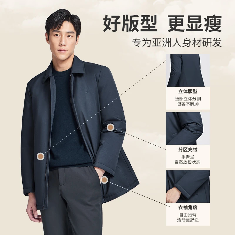 【风衣羽绒】金利来秋冬新款中长款翻领羽绒服抗菌白鹅绒休闲夹克男