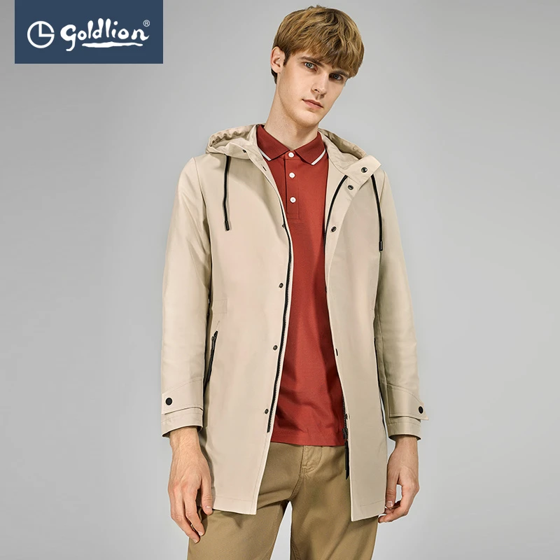 Goldlion/金利来【防风】男士户外商务抽绳收腰中长款连帽风衣
