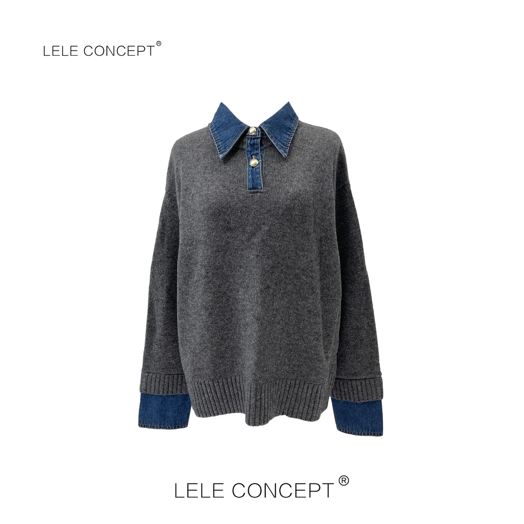 LELE CONCEPT丨【超】设计师拼接牛仔POLO毛衣S0774