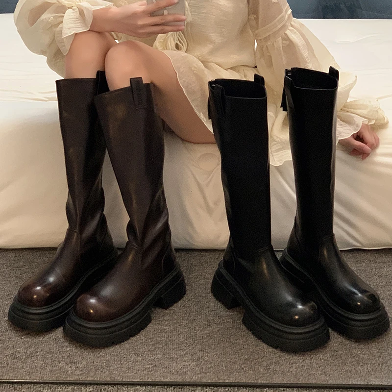 贾不假女士长筒靴2025春季新款气质增高粗跟百搭复古风简约瘦瘦靴