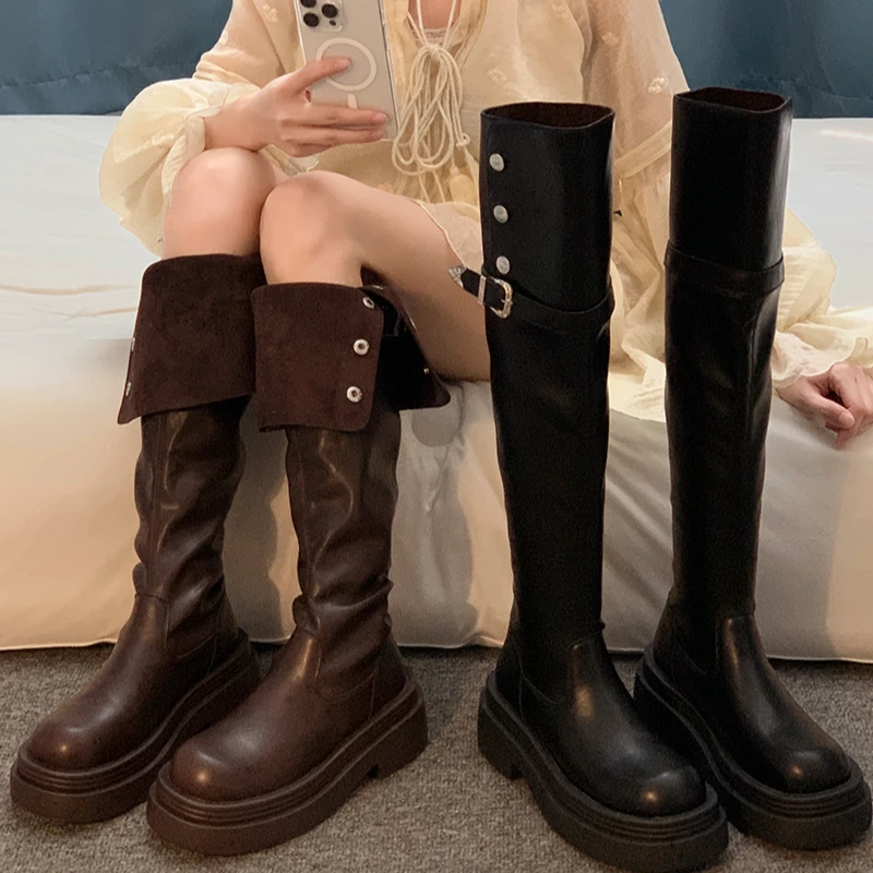 贾不假长筒靴女款2025冬季新款百搭复古休闲气质厚底小个子时装靴