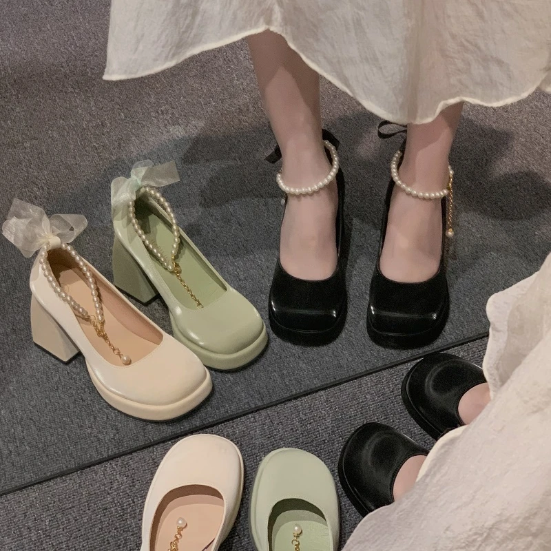 贾不假2025春粗跟网红复古百搭时尚小众配裙子厚底高跟韩系小皮鞋