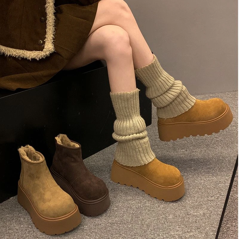 贾不假厚底棉靴女款2025冬季新款英伦保暖百搭时尚加绒圆头雪地靴