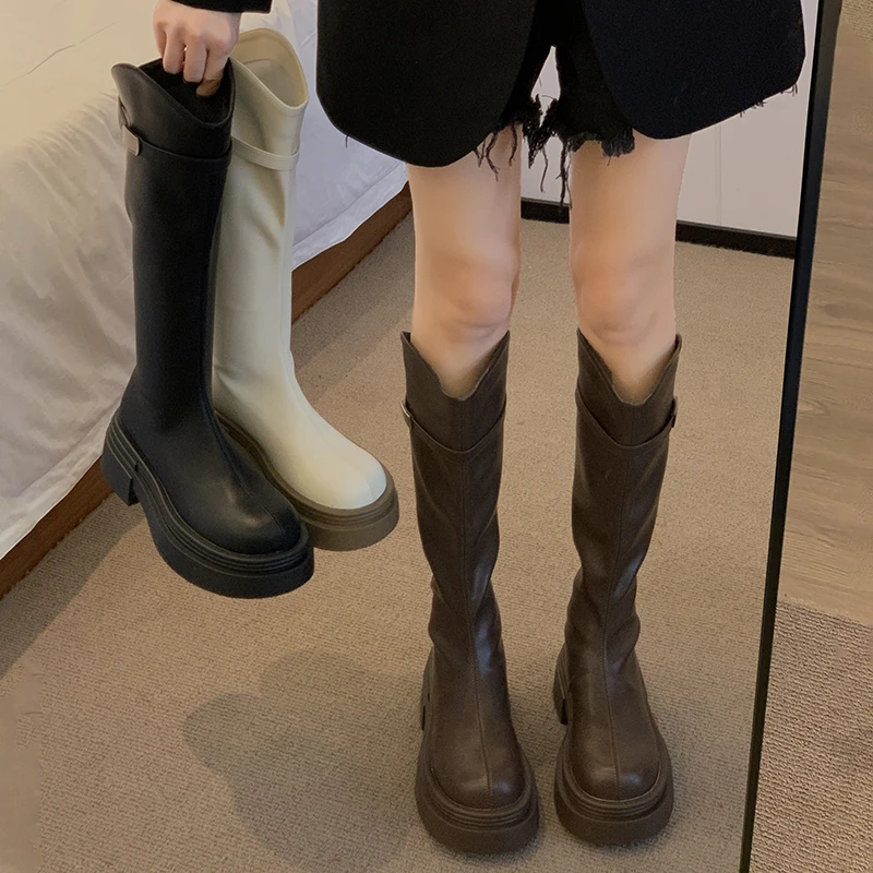 贾不假长筒靴女2025春季新款复古帅气百搭小个子粗跟英伦风瘦瘦靴