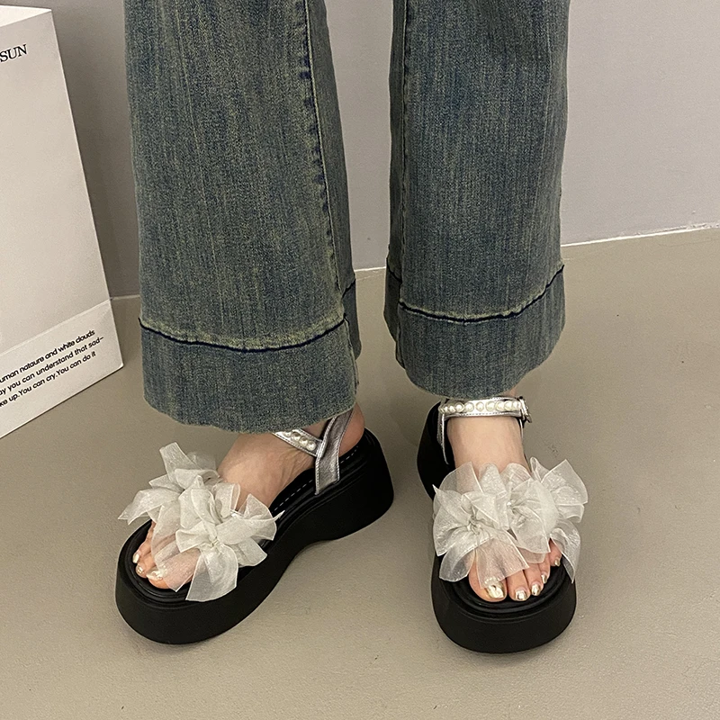 贾不假厚底凉鞋女款2025夏季新款舒适时尚法式蝴蝶结装饰时装凉鞋