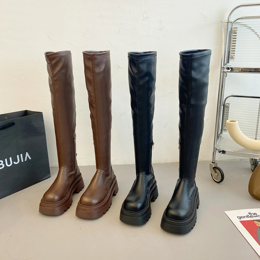 JIABUJIA/贾不假-厚底长筒靴秋冬加绒百搭2023新款英伦风棕色长靴
