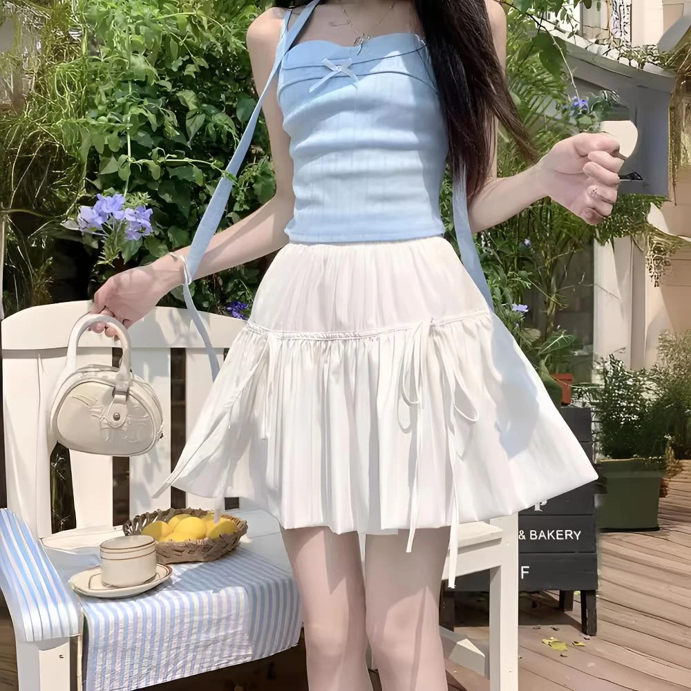 高腰短裙显瘦半身裙气质白色时尚夏季半裙褶皱蓬蓬裙休闲防走光