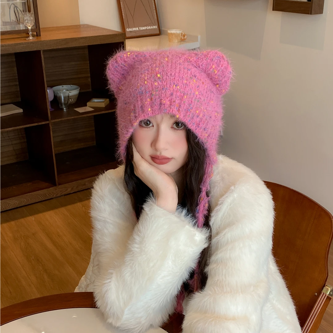 韩版彩线编织小熊帽子女秋冬季甜美系带雷锋帽包头护耳保暖针织帽