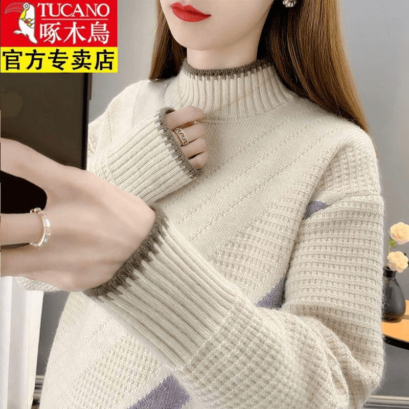 林肯羊 羊毛衫半高领毛衣女2023年新款秋冬韩版洋气宽松羊绒衫上衣