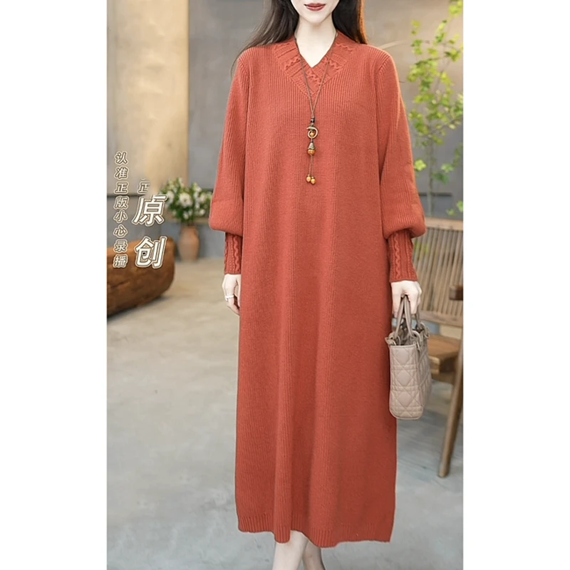 西子素然 原创秋冬新款文艺大码宽松显瘦文艺撞色大摆裙7072