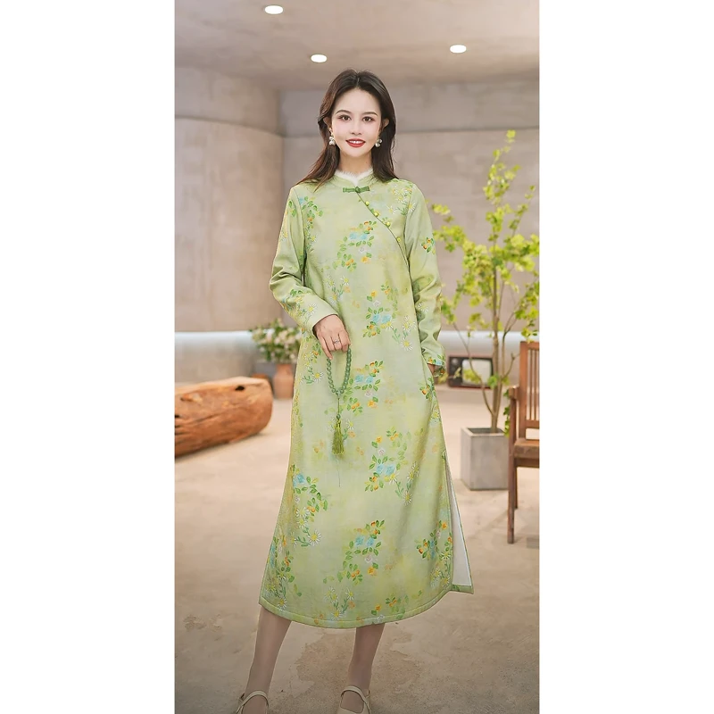 西子素然 原创醋酸面料秋冬装显瘦气质时尚加绒加厚长袖旗袍6783